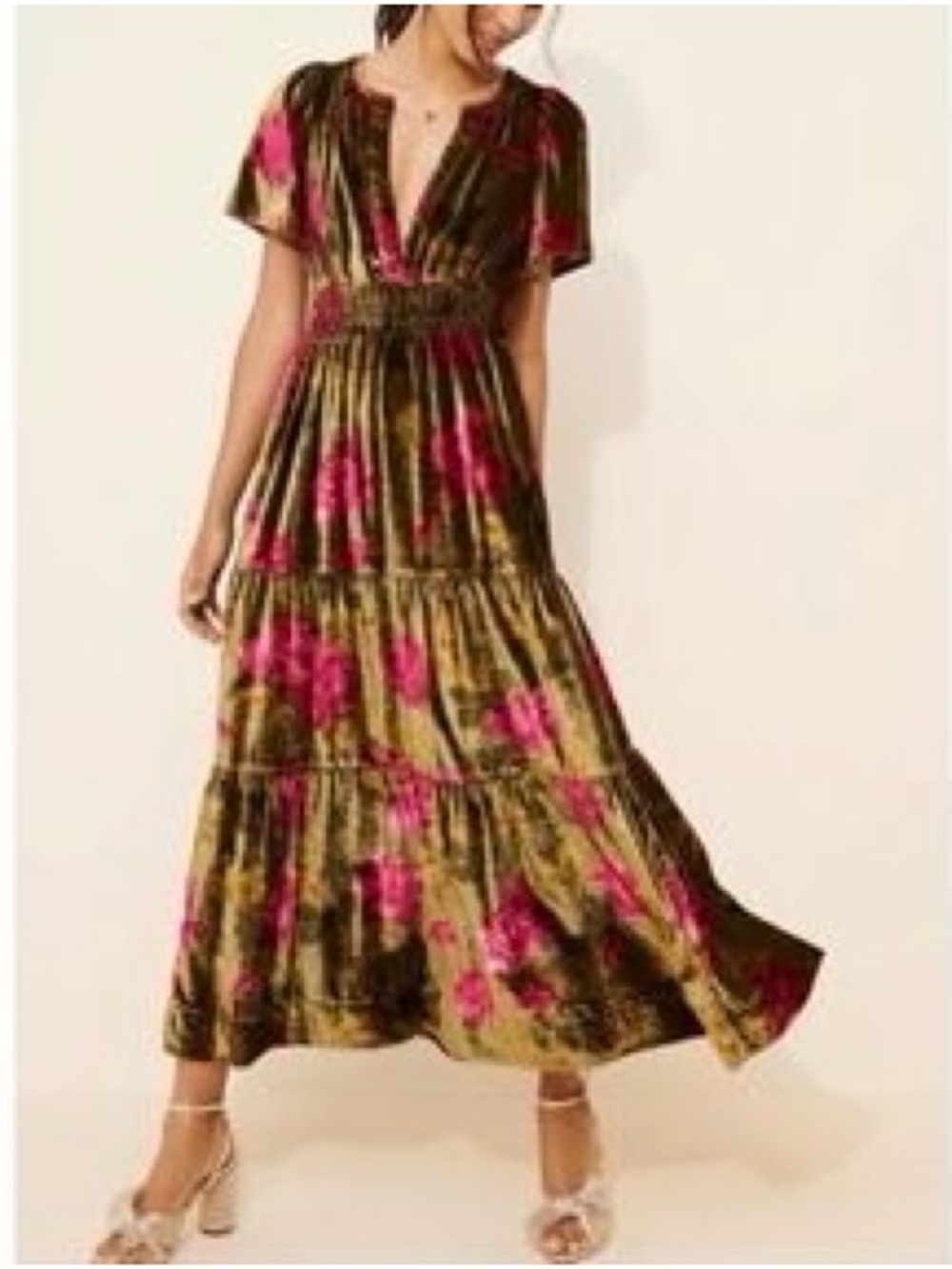Anthropologie Somerset Velvet Maxi Dress Green Pink Floral NWT
